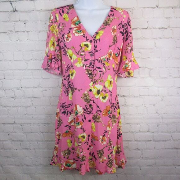 NWT Bershka Floral Ruffle Short Sleeve Button Down Dress - Picture 1 of 3